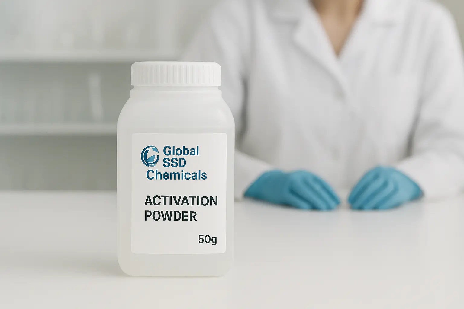 High-quality product photo of Global SSD Chemicals 50g Activation Powder in a clean, modern lab setting.