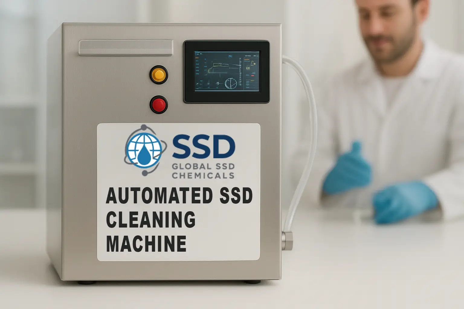 Ultra-realistic photo of the Automated SSD Cleaning Machine by Global SSD Chemicals, built for safe, precise restoration.