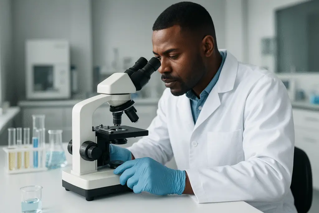 A professional lab technician examining chemical samples under a microscope in a modern, well-equipped laboratory.
