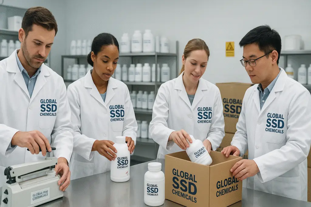 A team of professional SSD technicians in branded lab coats carefully sealing and labeling chemical containers in a clean, modern laboratory for global distribution.