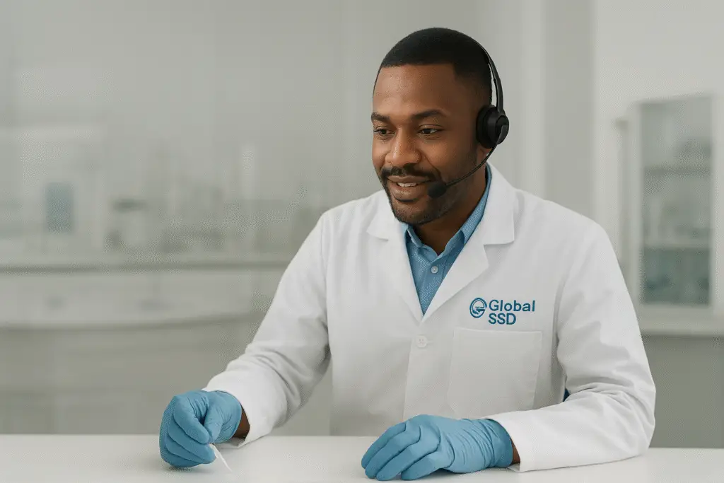 A professional Global SSD Chemicals technician wearing a branded lab coat and gloves, sitting at a desk in a bright modern laboratory office, responding to customer queries on a laptop.