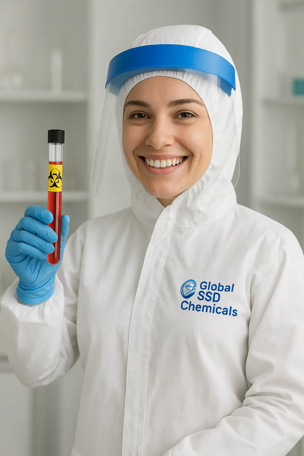 Smiling laboratory technician wearing a white “Global SSD Chemicals” protective suit and face shield, holding a test tube with a red chemical sample in a bright, modern lab environment.