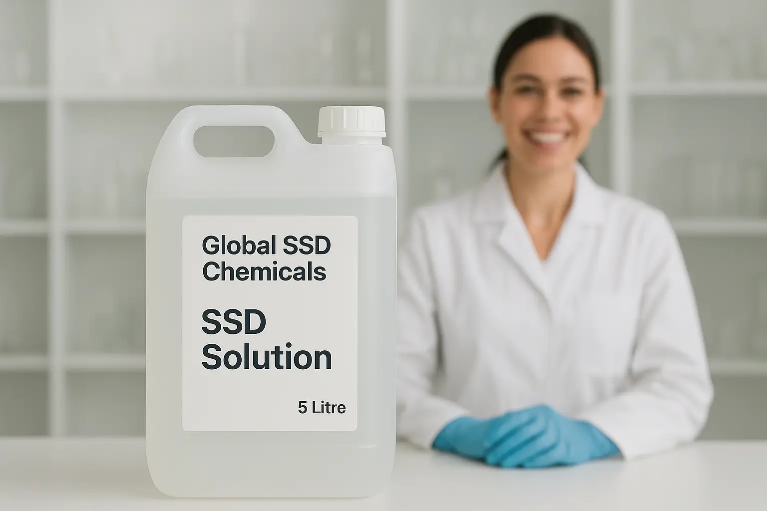 High-quality 5L can of SSD Solution by Global SSD Chemicals, symbolizing purity, precision, and professional laboratory standards.