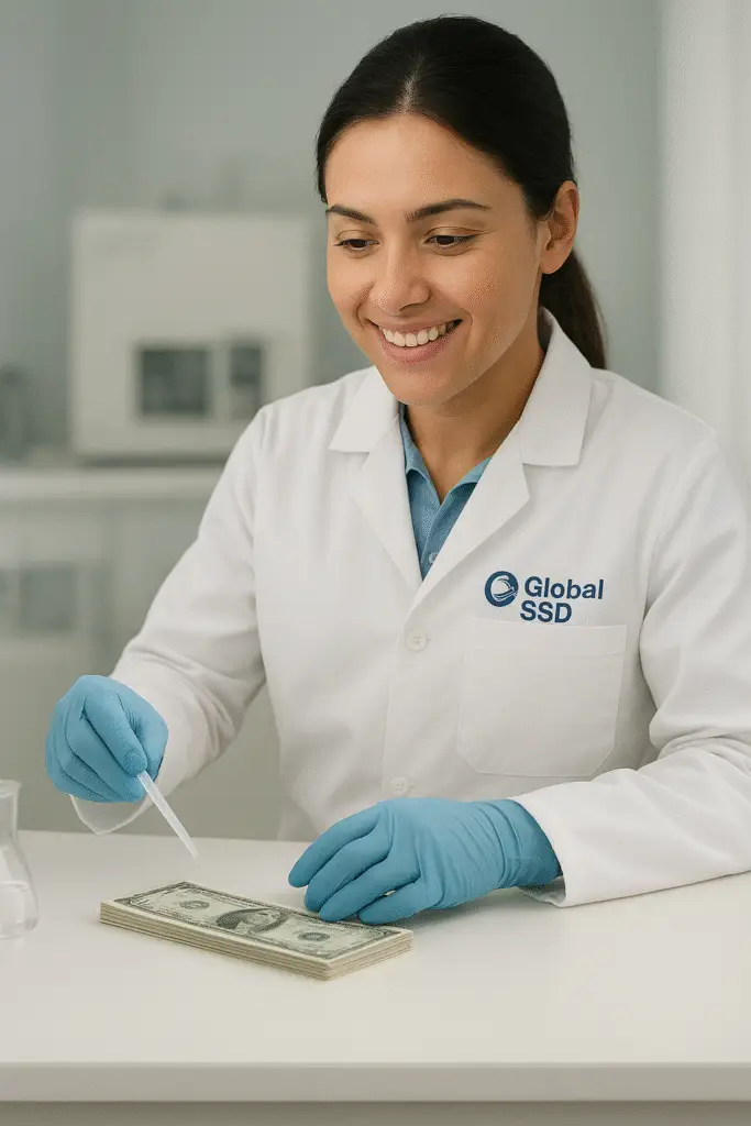 A laboratory scientist carefully applies chemical powder to blackened banknotes on a stainless-steel workbench, demonstrating the SSD cleaning process in a bright, professional lab.