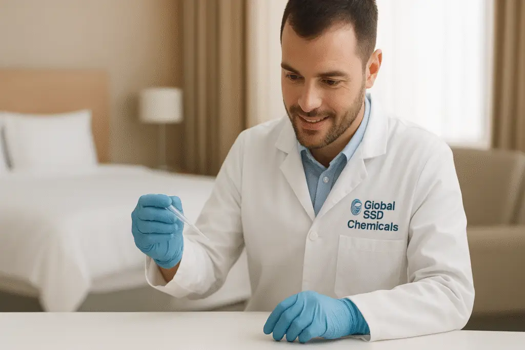 A professional Global SSD Chemicals technician expertly cleans black notes using advanced SSD solution in a modern setup.