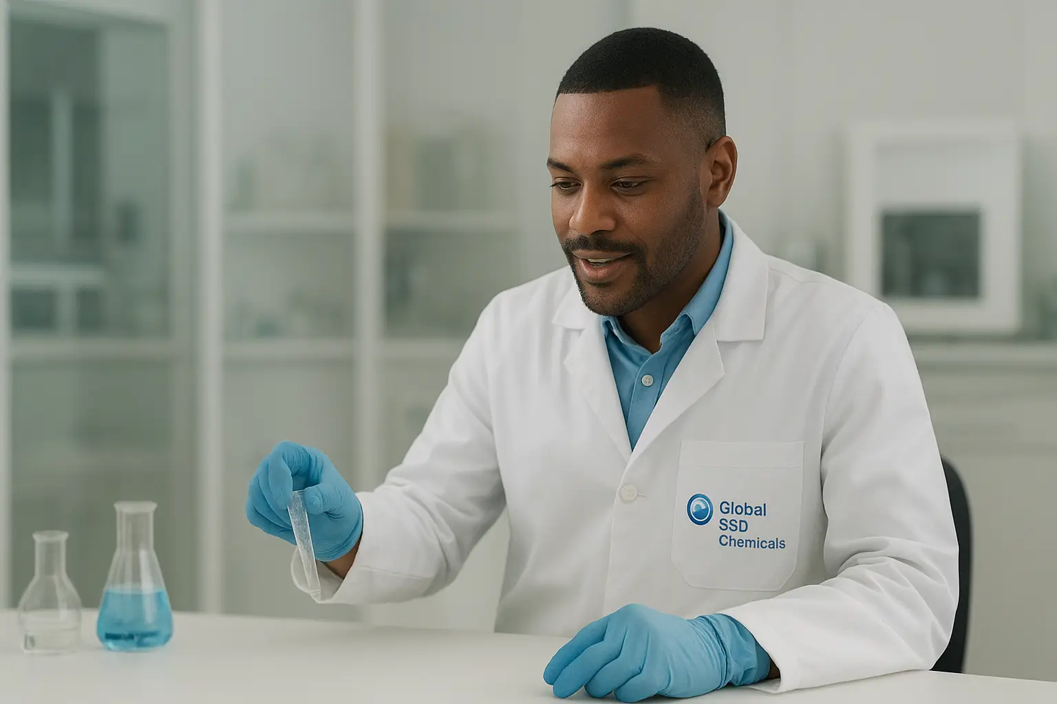 A professional lab technician wearing gloves and a Global SSD Chemicals lab coat carefully preparing SSD cleaning solution in a bright, modern laboratory with clean white surfaces and glassware.