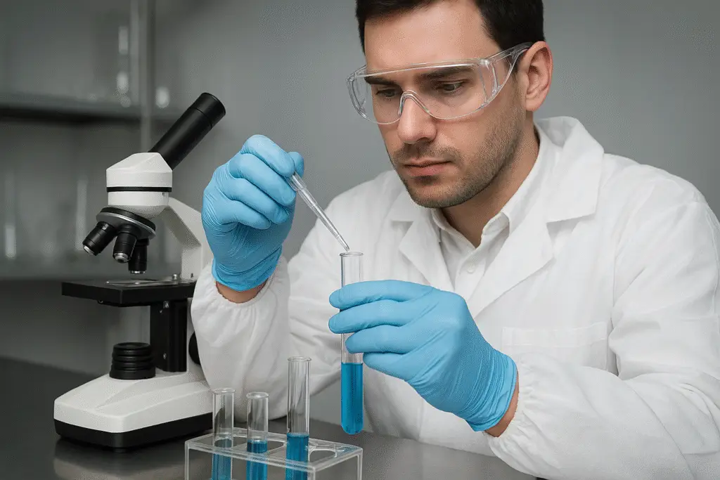 Lab technician testing SSD chemical solution in stainless steel lab