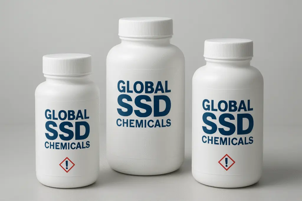 SSD chemical bottles labeled “global ssd chemicals” arranged on a clean table