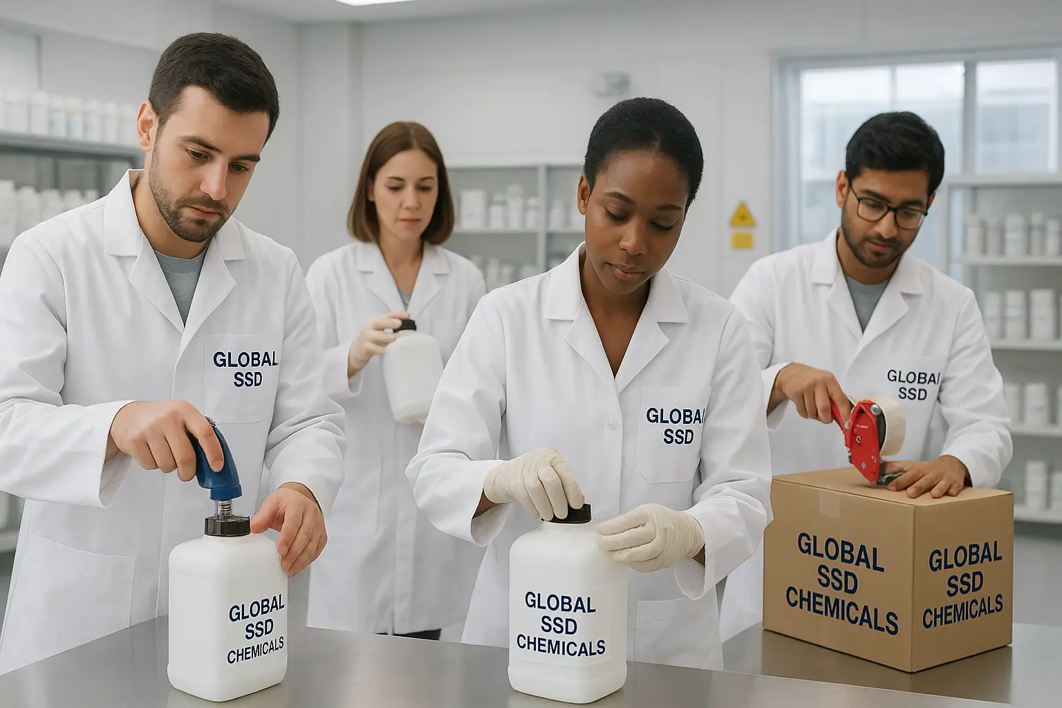 Team of Global SSD Chemicals technicians in white lab coats sealing and labeling chemical containers in a professional laboratory environment.